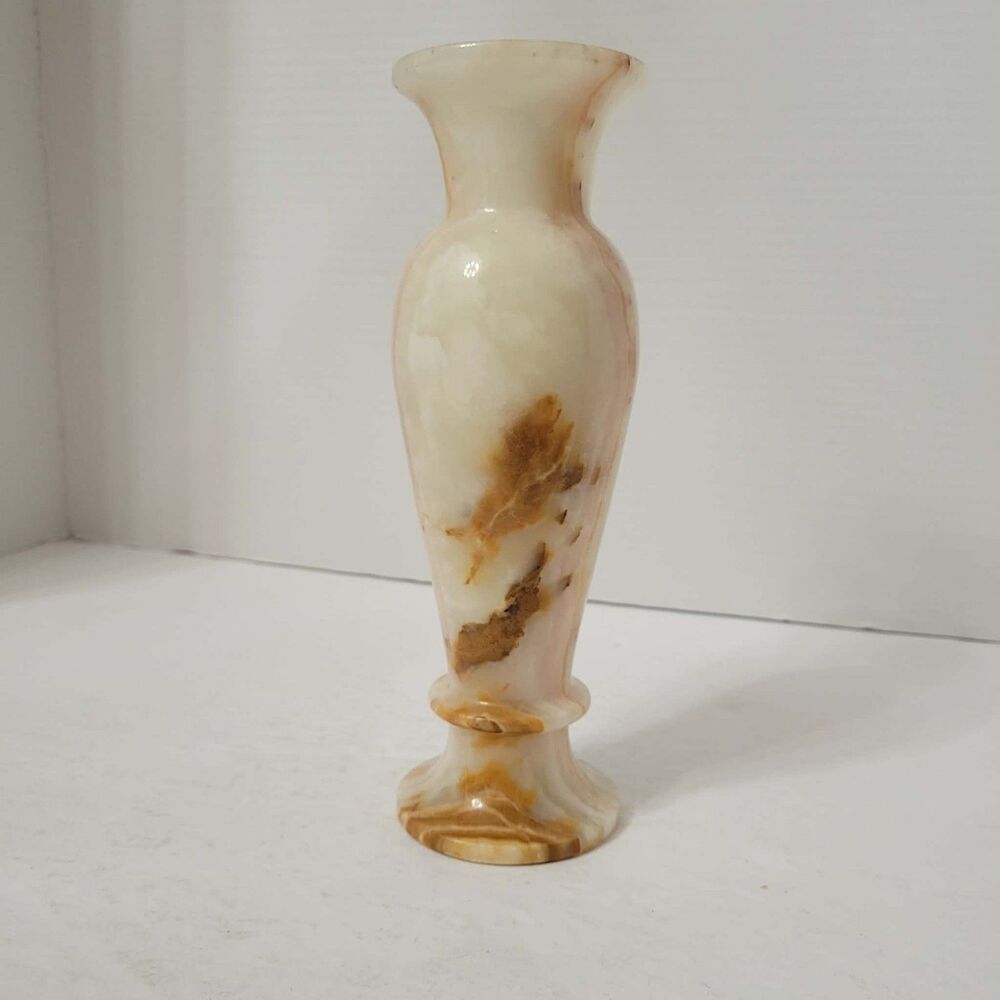 Vintage Hand-Carved Onyx Stone Vase Natural Calcite Polished Cream Brown 9"